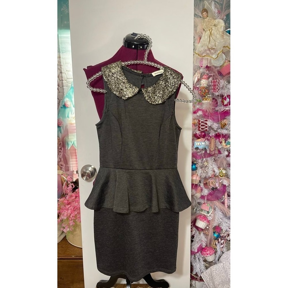 Monteau Peplum Dress Womens S Charcoal Grey Good Sequin Collar Sleeveless 56000